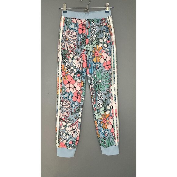 Adidas Pants Girls L 14 Blue Sun Floral Track Joggers 3 Stripes Allover Print - Picture 10 of 11
